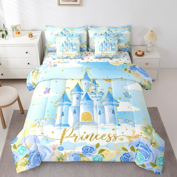 Erosebridal Dreamy Castle Bedding Sets Full Size, Bule Rose Comforter Sets with Sheets, Fairy Princess Decor, Reversible 7pcs