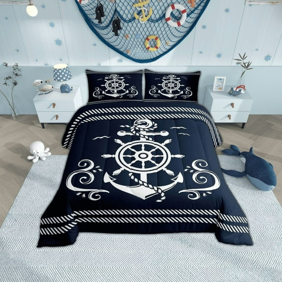 Erosebridal Nautical Anchor Bedding Set , Compass Adventure Comforter Set Coastal Compass Duvet Sets Ocean Sailboat Bedding Comforters Teens Adult Bedroom, Navy Blue(King Size)