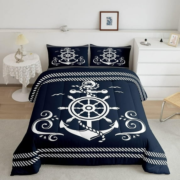 Erosebridal Nautical Anchor Bedding Set , Compass Adventure Comforter Set Coastal Compass Duvet Sets Ocean Sailboat Bedding Comforters Teens Adult Bedroom, Navy Blue(Queen Size)
