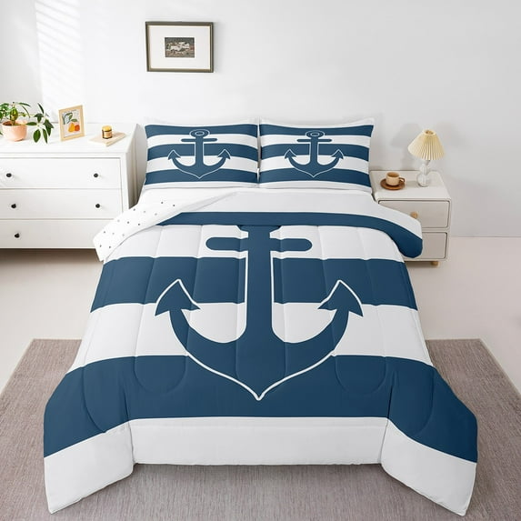 Erosebridal Nautical Anchor Bedding Sets King With Comforter,Geometric Stripes Comforter Sets King Size,Ocean Decoration,Reversible,Ultra Soft,3-Piece