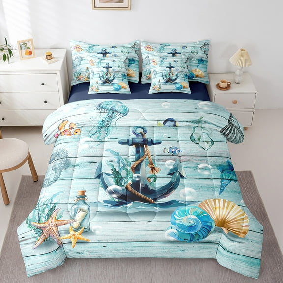 Erosebridal Nautical Anchor Bedding Sets Queen Size, Coastal Beach Starfish Conch Comforter Sets with Sheets, Lightweight 7pcs