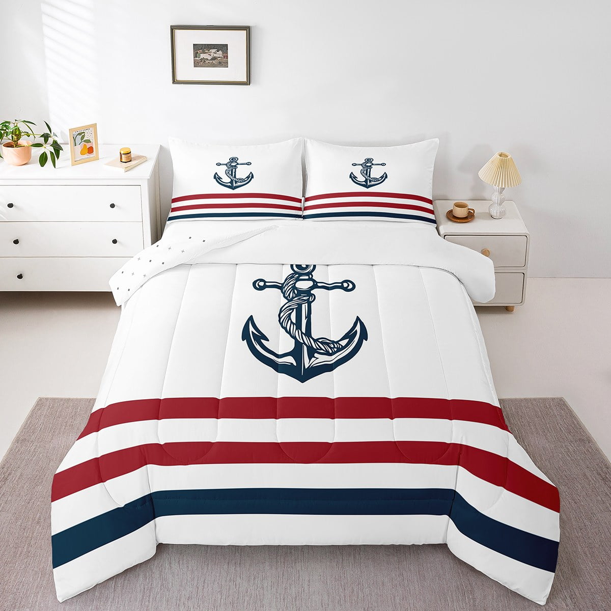 Erosebridal Nautical Anchor Comforter Sets Queen Size, Navy Red Stripe ...