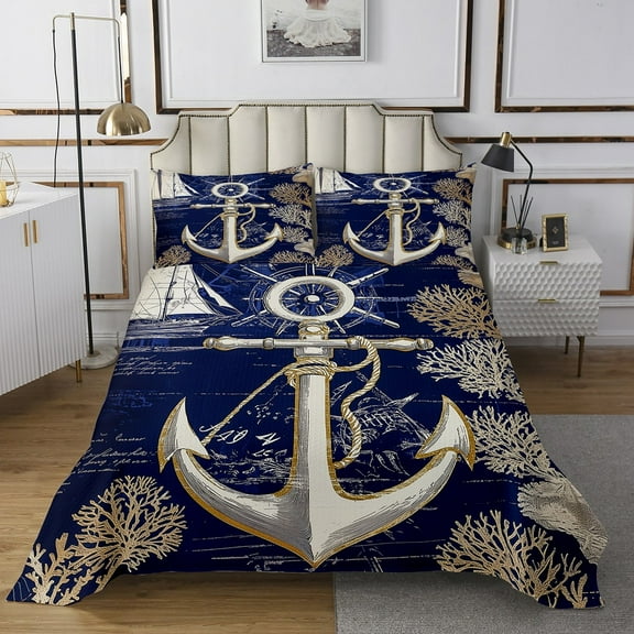 Erosebridal Nautical Anchor Coverlet Set King,Marine Rudder Bedding Set,Blue Golden,3-Piece