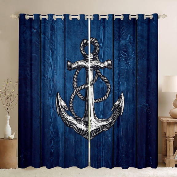 Erosebridal Nautical Anchor Curtains Pack of 2 (42Wx63L),Wooden Stripe 30%-50% Black Out Curtains,Marine Theme Decor