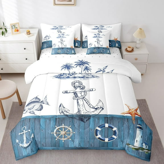 Erosebridal Nautical Anchor Lighthouse Bedding Sets Twin Size,Ocean Sea Comforter Sets with Sheets,Lodge Cabin Bed in a Bag Twin size,Lightweight Marine Bedroom Decoration,Reversible,7pcs