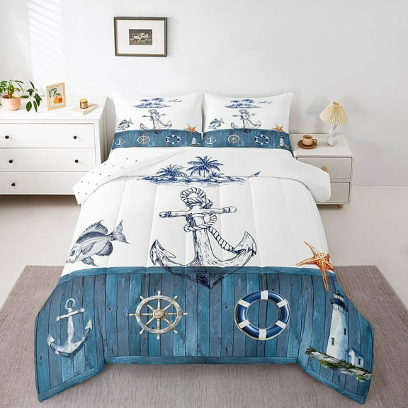 Erosebridal Nautical Anchor Lighthouse Bedding Twin Comforter Set,Ocean Sea Down Comforter,Lodge Cabin Bedding Sets Twin with Comforter,Lightweight Marine Bedroom Decoration,Reversible,3pcs