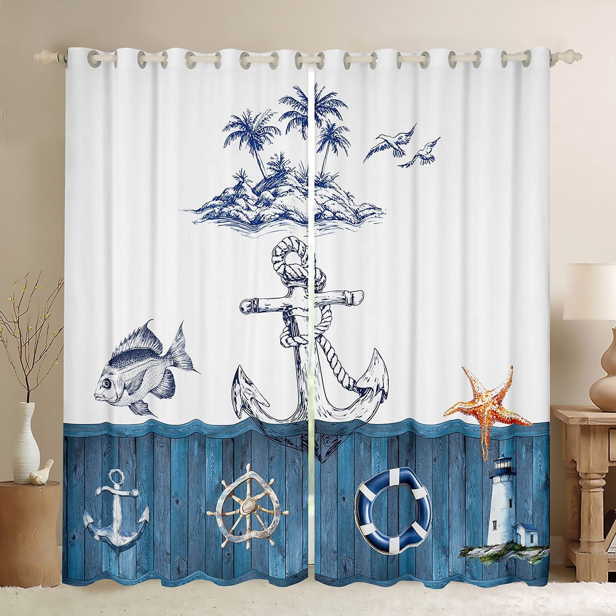 Erosebridal Nautical Anchor Lighthouse Curtains for Living Room,Ocean Sea Blackout Curtains Set of 2 (38x45),Lodge Cabin Curtains and Drapes (38x45),Marine Bedroom Decoration