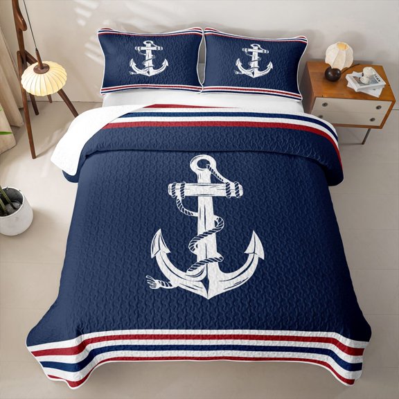 Erosebridal Nautical Anchor Quilt Full for Boys Men, Striped Stripe Print Full Bedspread Sets, 3-Piece