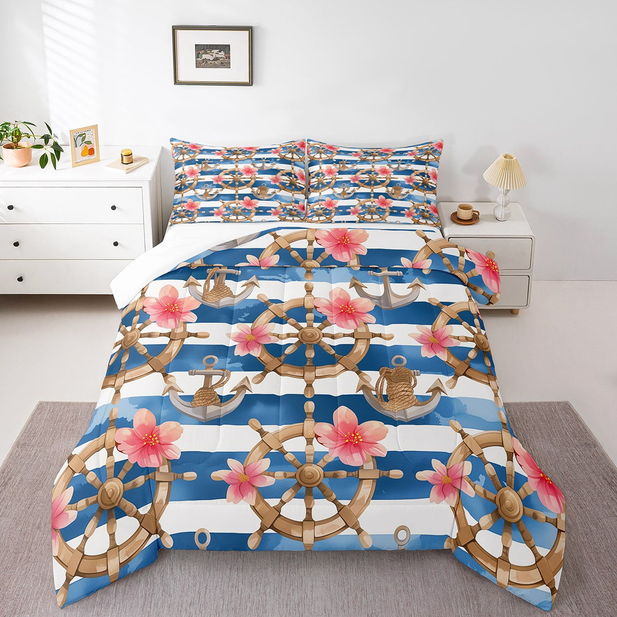 Bedspreads With Anchor Pattern Scandinavian Penthouse Style Reference: Erosebridal Nautical Anchor Rudder Comforter Sets Queen Size Flower