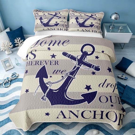 Erosebridal Nautical Anchor Twin Quilt Set, Marine Twin Coverlet Set, Reversible 2 Pieces, 1 Bedspread and 1 Pillowcase