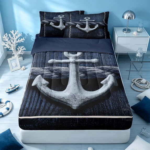 Erosebridal Nautical Anchor Zipper Twin Comforter Sets with Fitted Sheet and 2 Pillowcases, Marine Zipper Bedding Set, Navy Reversible