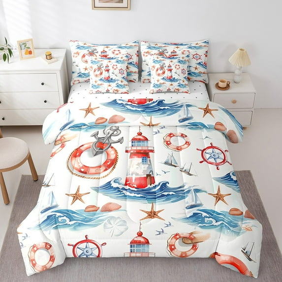 Erosebridal Nautical Bedding Queen Size, Anchor Compass Bedding Sets Queen Size, Lighthouse Room Decor, Reversible