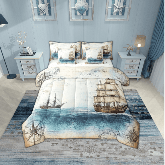 Erosebridal Nautical Boat Compass Bedding Sets Twin Size,Ocean Theme Comforter Sets with Sheets,Breathable Reversible Bed in a Bag Twin size,Marine Decor,7pcs