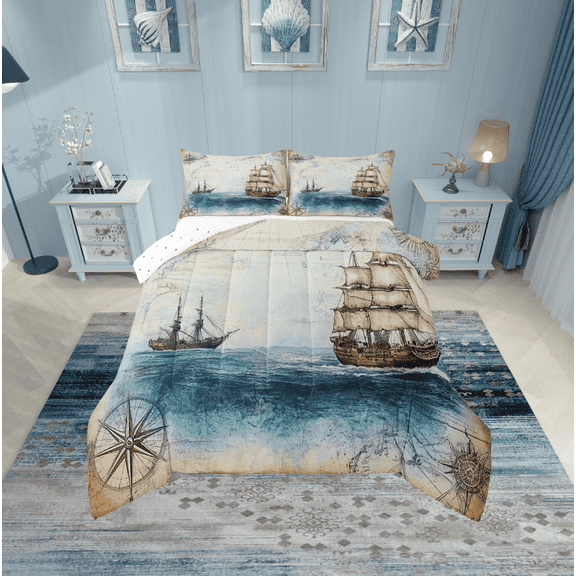 Erosebridal Nautical Boat Compass Bedding Twin Comforter Set,Ocean Theme Down Comforter,Breathable Reversible Bedding Sets Twin with Comforter,Marine Decor