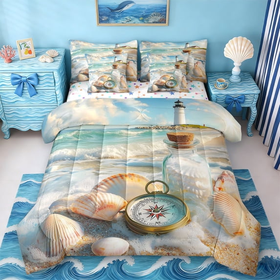 Erosebridal Nautical Coastal 7 Pieces Bedding Comforter Set,Summer Vocation Cute Sea Seashell Full Bedding Set For Kids Girls,Reversible