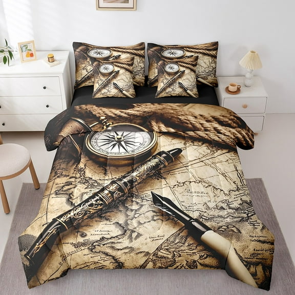 Erosebridal Nautical Compass Bedding Queen Size,World Map Bedding Sets Queen Size,Vintage Retro Comforter Sets with Sheets,Ultra Soft Teenager Bedroom Decor,Reversible,7 Pieces
