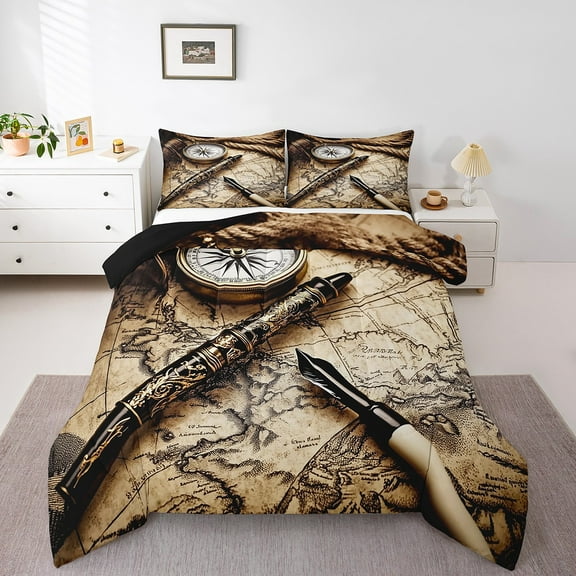Erosebridal Nautical Compass Bedding Twin Comforter Set,World Map Down Comforter,Vintage Retro Bedding Sets Twin with Comforter,Ultra Soft Teenager Bedroom Decor,Reversible,2-Piece