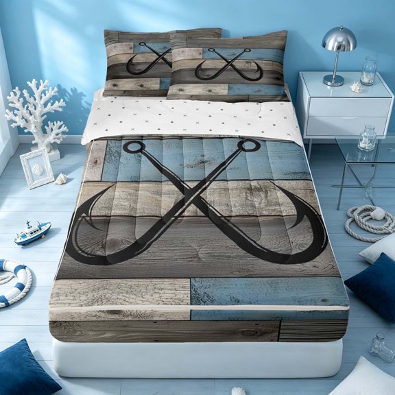 Erosebridal Nautical Fishhook Zipper Queen Comforter Set with Fitted Sheet and 2 Pillowcases, Marine Zipper Bedding Set, Reversible