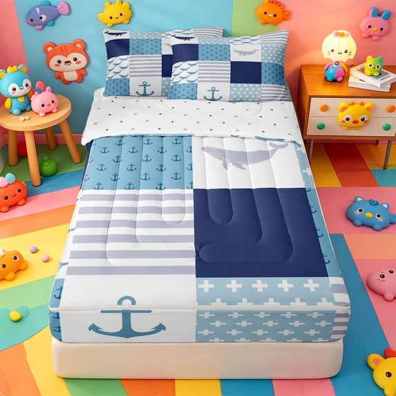 Erosebridal Nautical Patchwork Anchor Zipper Full Size Comforter Sets with Fitted Sheet and 2 Pillowcases,Striped Whale Cross Zipper Bedding Set For Boys,Reversible,4-Piece