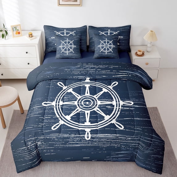 Erosebridal Nautical Rudder Bedding Queen Size,Vintage Lodge Bed In A Bag Queen Size,Sea Decoration,Reversible,Lightweight,7 Pieces