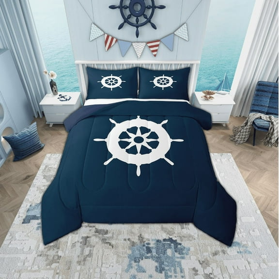 Erosebridal Nautical Rudder Bedding Sets Queen with Comforter, Navy Blue White Duvet Insert, Coastal Farmhouse Decor, Reversible 3pcs
