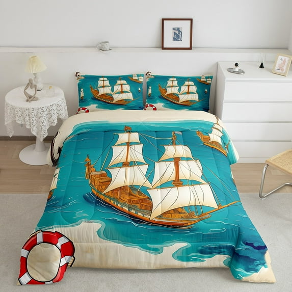 Erosebridal Nautical Sailboat Bedding Sets Twin with Comforter, Cartoon Marine Sea Beach Duvet Insert Breathable 2 Pieces