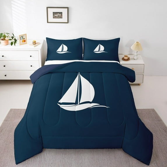Erosebridal Nautical Sailboat Bedding Twin Comforter Set, White Navy Blue Down Comforter, Seaside Farmhouse Decor, Reversible 2-Piece