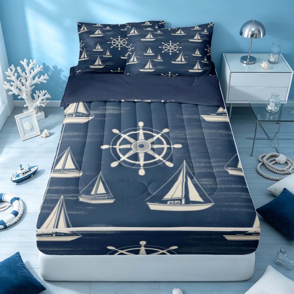 Erosebridal Nautical Sailboat Zipper Twin Comforter Sets with Fitted Sheet and 2 Pillowcases, Sea Rudder Zipper Bedding Set, Navy Reversible