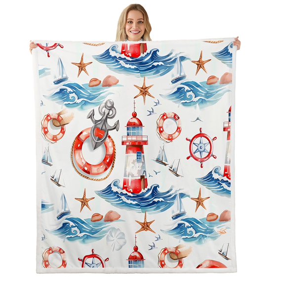 Erosebridal Nautical Sherpa Blanket, Anchor Compass Fuzzy Blanket Throw, Lighthouse Room Decor, 30x40