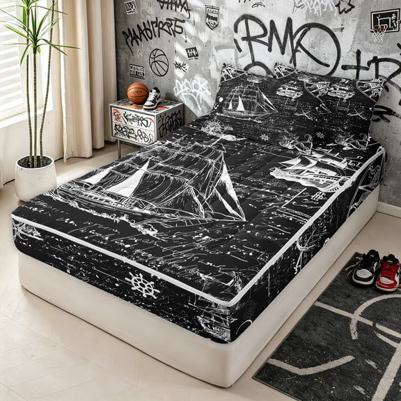 Erosebridal Nautical Ship Zipper Twin Comforter Sets with Fitted Sheet and 2 Pillowcases for Boys Men, Compass Sketch Print Zipper Bedding Set, Black Reversible, 4 Pieces