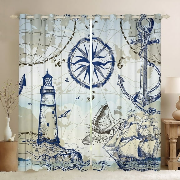 Erosebridal Nautical Theme Curtains & Drapes Ocean Sea Curtains, Vintage Lighthouse Anchor Blackout Curtains Retro Compass World Map Living Room Curtains, Starfish Conch Seashell Window Curtains