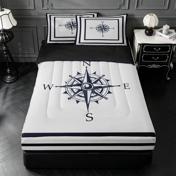 Erosebridal Nautical Zipper Twin Comforter Sets with Fitted Sheet and 2 Pillowcases,Navy Compass Zipper Bedding Set For Boys,Black Reversible,4pcs