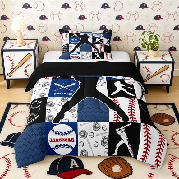 Erosebridal Navy Black Baseball Twin Comforter Sets, Sport Bedding Set for Boys and Girls, Black Reversible 2 Pieces, 1 Comforter and 1 Pillowcase