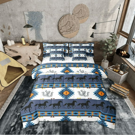 Erosebridal Navy Blue Aztec Bedding Sets Full Size, Hippie Farmhouse Lodge Cabin Comforter Sets with Sheets, Horse Print Room Decor, Reversible 7pcs