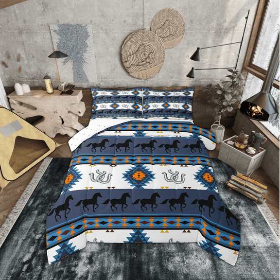 Erosebridal Navy Blue Aztec Comforter Sets Twin Size, Hippie Farmhouse Lodge Cabin Comforters & Duvets, Horse Print Room Decor, Reversible 2pcs