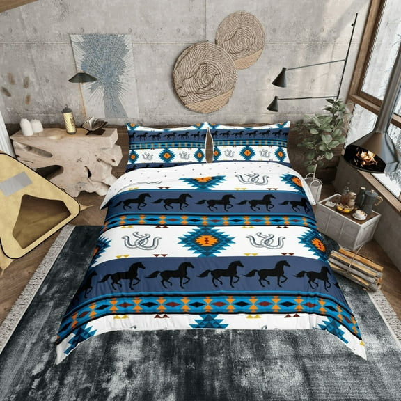 Erosebridal Navy Blue Aztec Duvet Cover Twin, Hippie Farmhouse Lodge Cabin Bedding Sets Twin Size, Horse Print Room Decor, Reversible 2pcs (No Comforter)