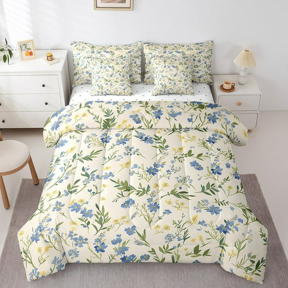 Erosebridal Navy Blue Floral Bedding Sets Queen Size, Green Leaves Comforter Sets with Sheets, Beige, 7pcs, Ultra Soft