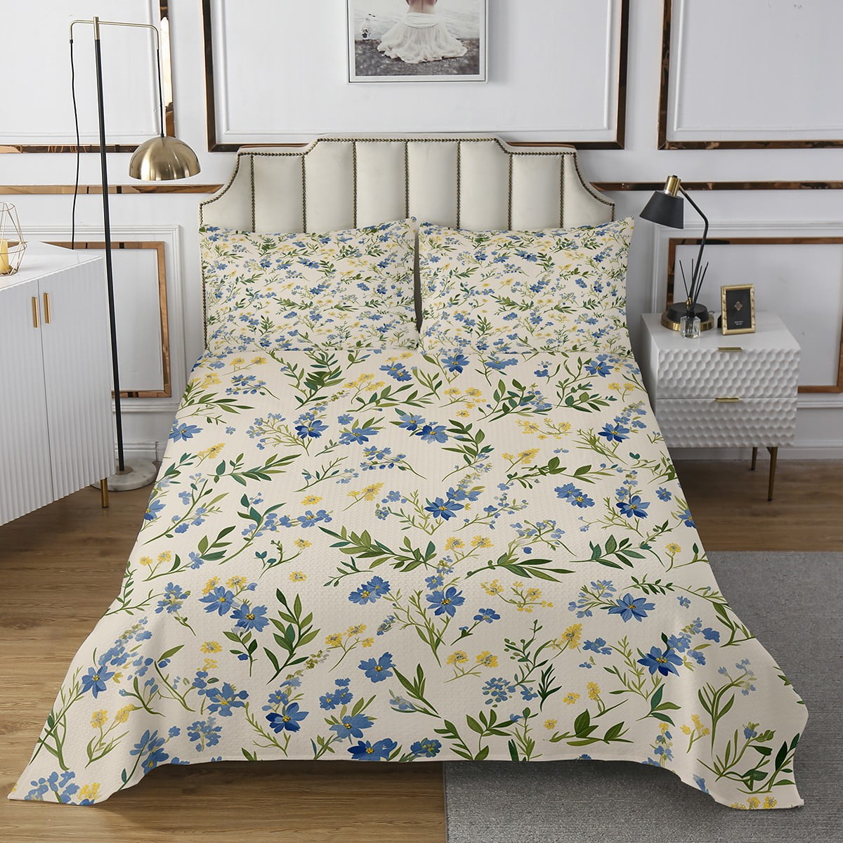Erosebridal Navy Blue Floral Quilt Sets for Queen Size Bed, Green ...