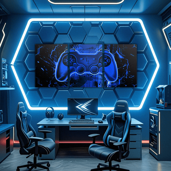 Erosebridal Navy Blue Gamer Paintings Wall Decor Framed, Gaming Wall Decorations for Living Room, Graffiti Splash Teens Game Room Decor
