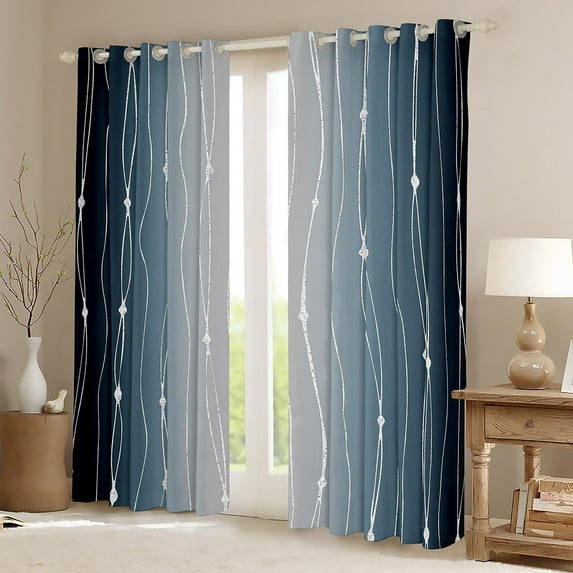 Erosebridal Navy Blue and Grey Curtains & Drapes Men Abstract Aesthetic Curtains, Dot and Wave Line 30%-50% Blackout Curtains Gradient Ombre Living Room Curtains Watercolor Geometric Window Curtains