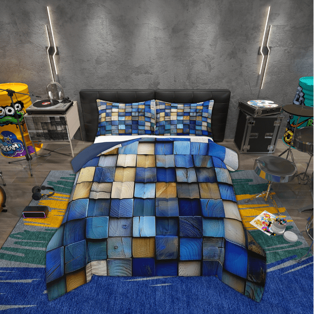 Erosebridal Navy Blue Grid Buffalo Bedding Sets Full with Comforter, Geometry Brown Plaid Checkered Duvet Insert, Reversible 3-Piece