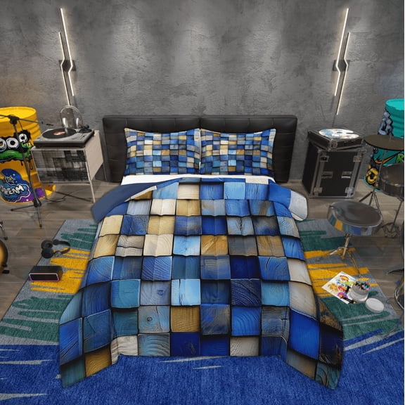 Erosebridal Navy Blue Grid Buffalo Bedding Twin Comforter Set, Geometry Brown Plaid Checkered Down Comforter, Reversible 2-Piece