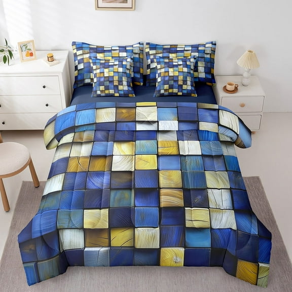 Erosebridal Navy Blue Grid Checkered Bed in a Bag Twin Size, Gold Geometric Plaid Buffalo Bed Set, Reversible 7 Pieces