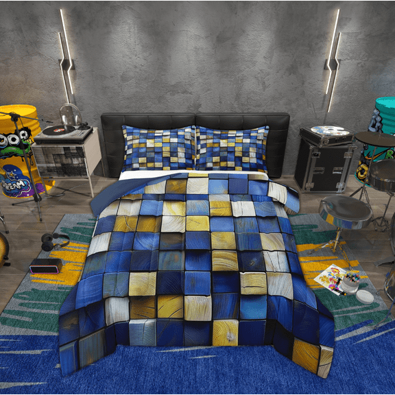 Erosebridal Navy Blue Grid Checkered Bedding Sets Twin with Comforter, Gold Geometric Plaid Buffalo Duvet Insert, Reversible 2 Pieces