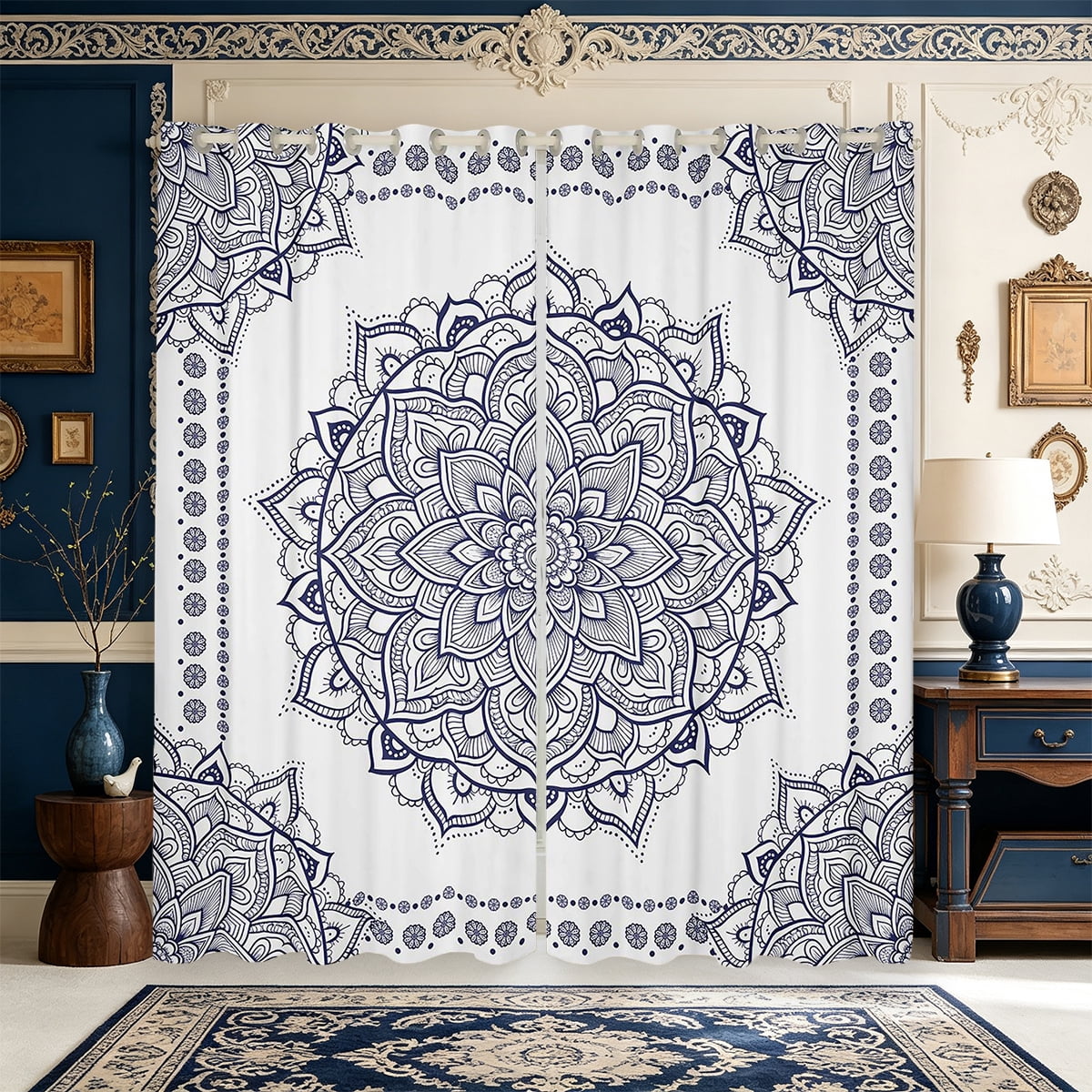 Erosebridal Navy Blue Line Mandala Curtains and Drapes Pack of 2 (52x63 ...