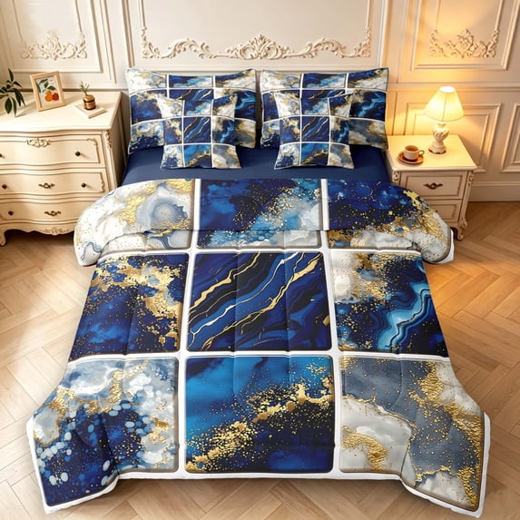 Lightning Crack Pattern Erosebridal Navy Blue Marble 7-Piece Twin Bedding,Luxurious Fluid ...