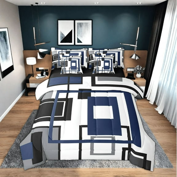 Erosebridal Navy Blue Square Comforter Set For Teen Queen Lack White Grey Geometric 7 Piece Bed In A Bag Geometry Striped Bedding Set Men,Abstract Line Grids Bed Set