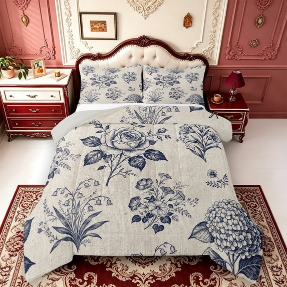 Erosebridal Navy Floral Line Art Full Size Comforter Sets,Elegant Botanical Sketch Bedding Comforter Set,3-Piece,1 Comforter and 2 Pillowcases,Light Gray Reversible