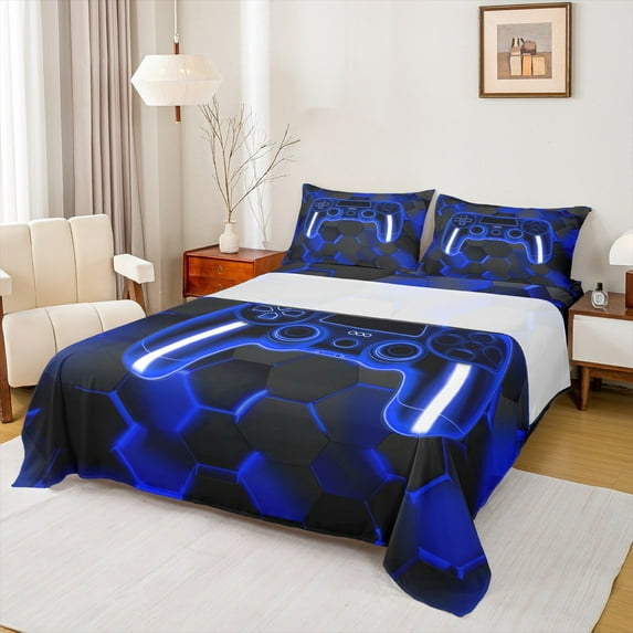 Erosebridal Navy Gamepad Bed Sheets Set Twin Size, Modern Video Game Bedding Twin Size, Honeycomb Sheet Set Twin, Super Cozy Bedroom Decorative, 3 Pieces