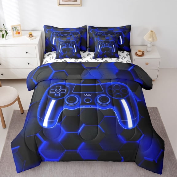 Erosebridal Navy Gamepad Bedding Twin Size, Modern Video Game Bed Set, Honeycomb Reversible Bedding Sets Twin Size, Super Cozy Bedroom Decorative, 7 Pieces